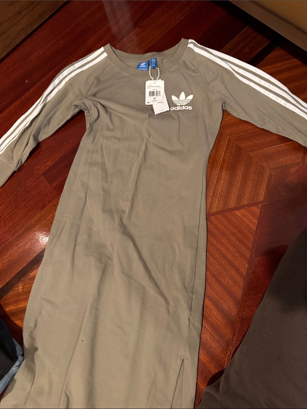 Adidas Olive Green Long Sleeve Trefoil Dress with White Stripes